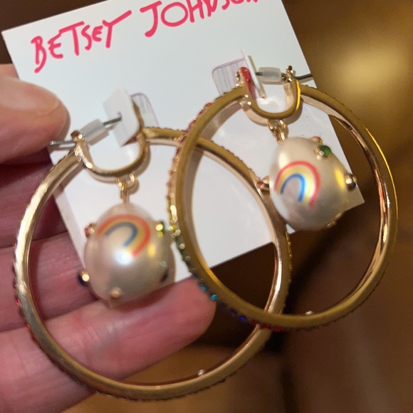 Betsey Johnson Rainbow Multi-Color Stones Snap Bar Close Hoop Earrings - Picture 9 of 10